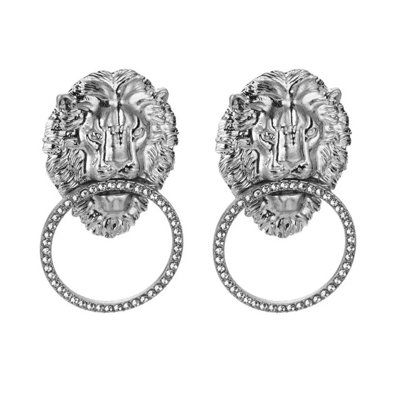 Lion Head Rhinestone Door Knocker Earrings - Picture 2 of 8
